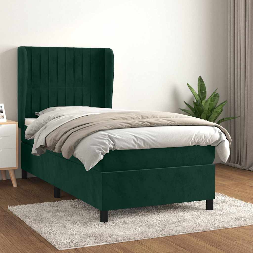 vidaXL Κρεβάτι Boxspring με Στρώμα Σκούρο Πράσινο 90x200 εκ. Βελούδινο