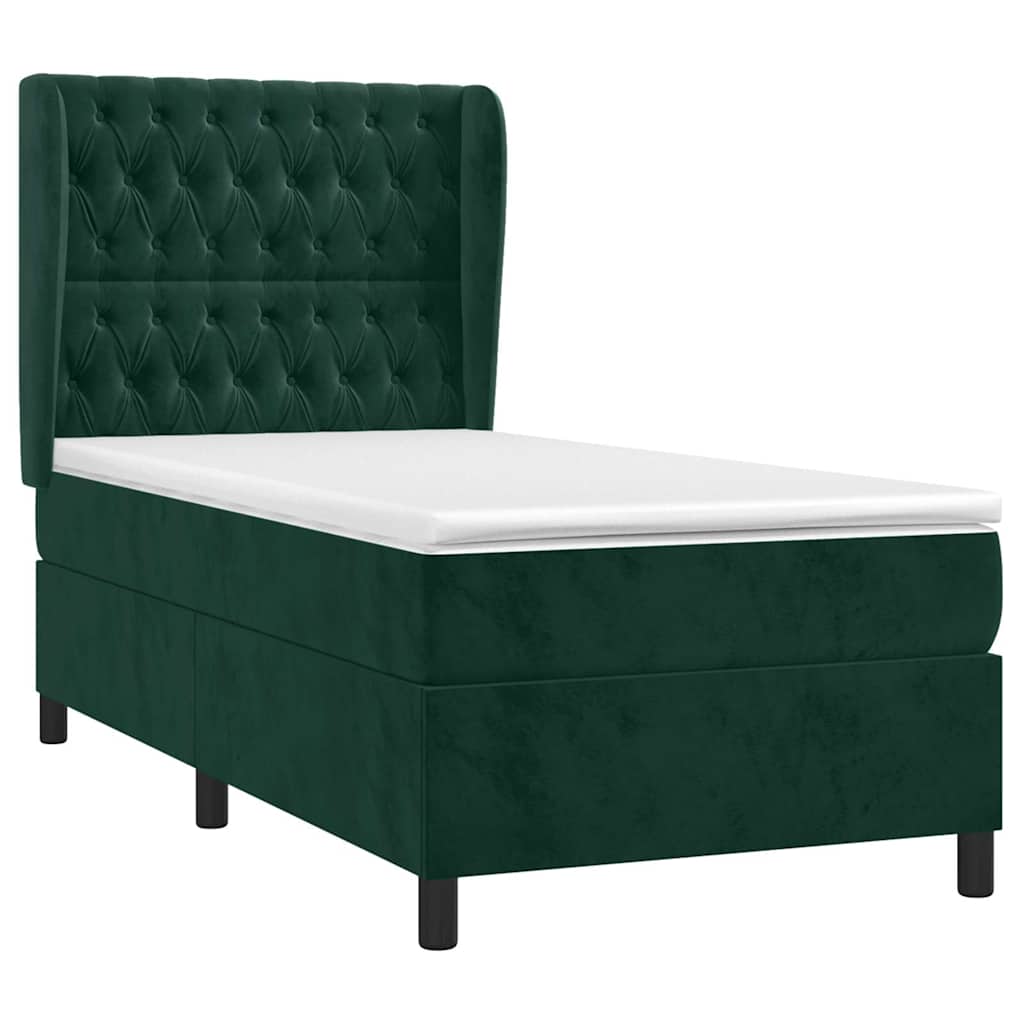 vidaXL Κρεβάτι Boxspring με Στρώμα Σκούρο Πράσινο 90x190 εκ. Βελούδινο