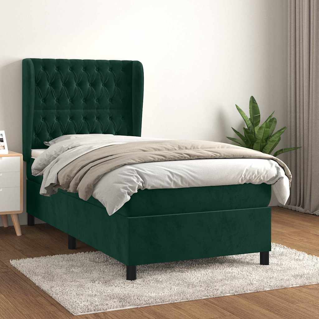 vidaXL Κρεβάτι Boxspring με Στρώμα Σκούρο Πράσινο 90x190 εκ. Βελούδινο