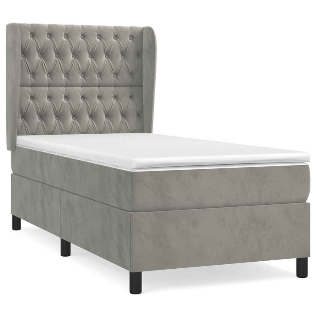 vidaXL Κρεβάτι Boxspring με Στρώμα Ανοιχτό Γκρι 90x200 εκ. Βελούδινο