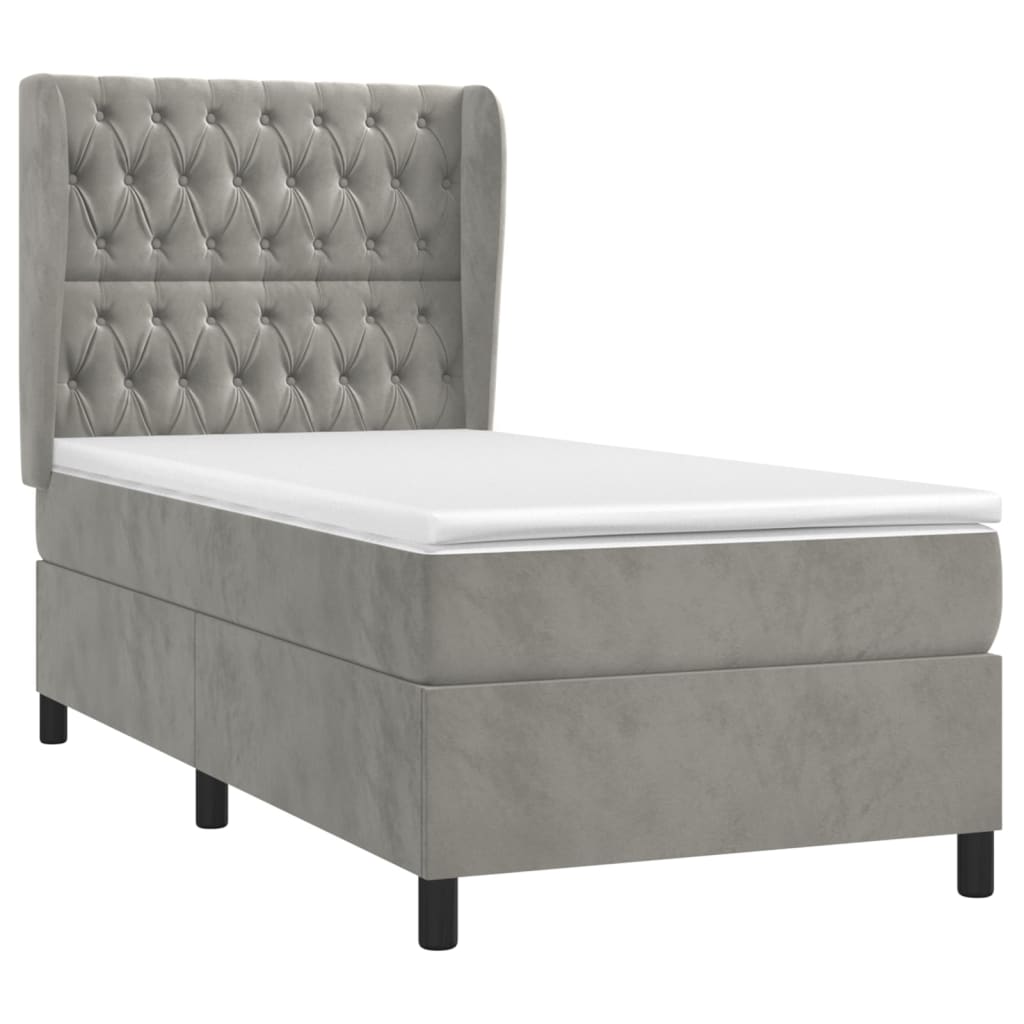 vidaXL Κρεβάτι Boxspring με Στρώμα Ανοιχτό Γκρι 90x200 εκ. Βελούδινο