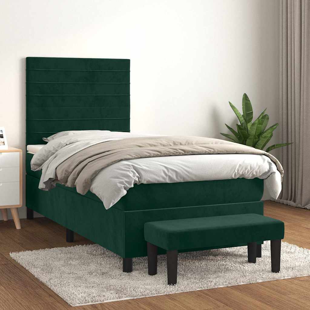 vidaXL Κρεβάτι Boxspring με Στρώμα Σκούρο Πράσινο 100x200εκ. Βελούδινο