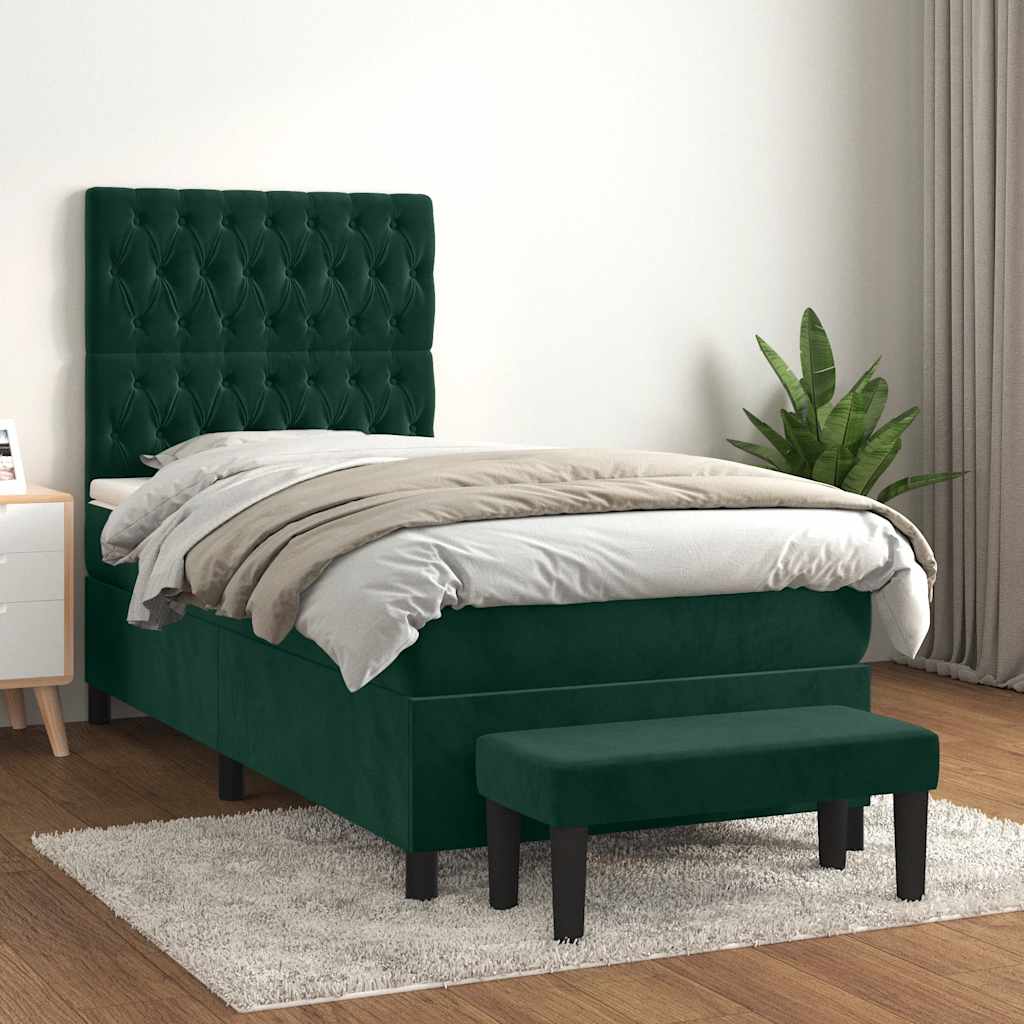 vidaXL Κρεβάτι Boxspring με Στρώμα Σκούρο Πράσινο 100x200εκ. Βελούδινο