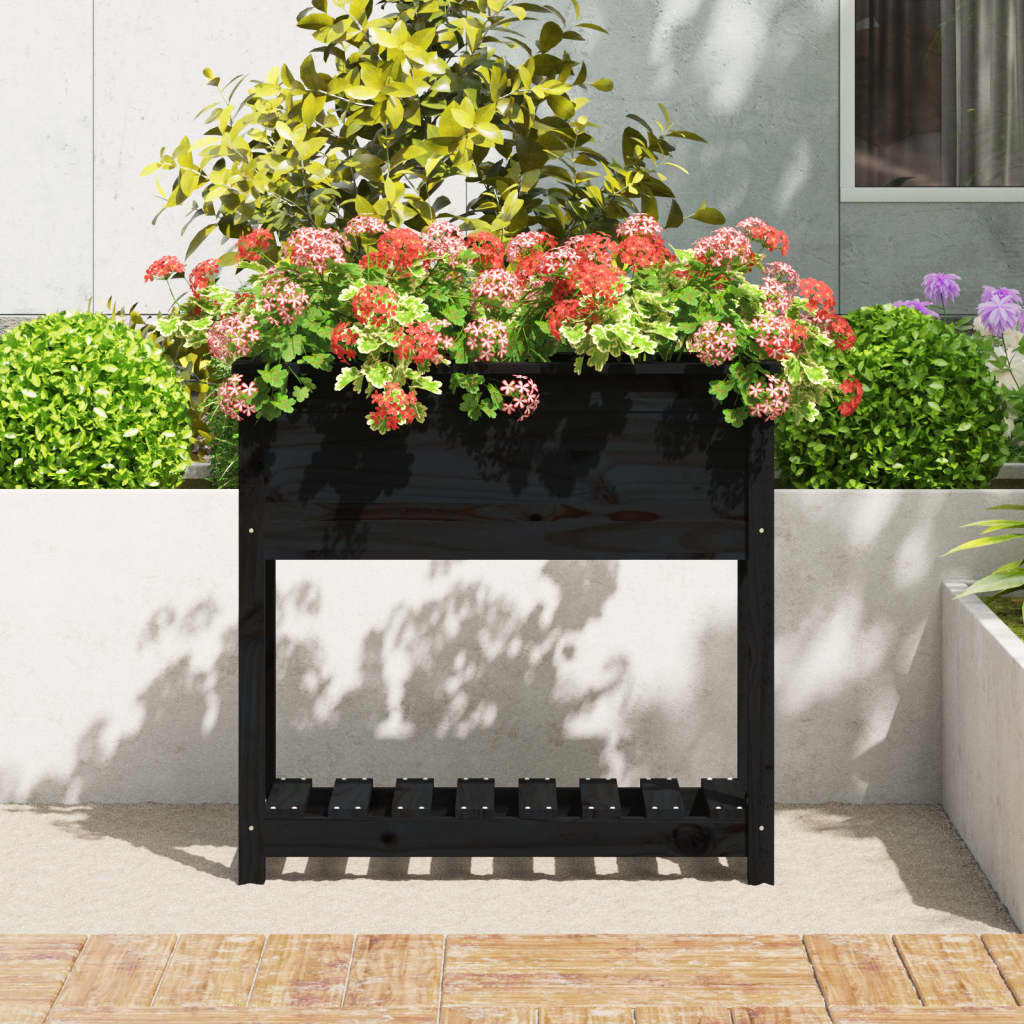 vidaXL Ζαρντινιέρα με Ράφι Μαύρη 82,5x34,5x81εκ. Μασίφ Ξύλο Πεύκου