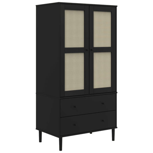 vidaXL Ντουλάπα SENJA Μαύρο / Ρατάν 90 x 55 x 175εκ. Μασίφ Ξύλο Πεύκου