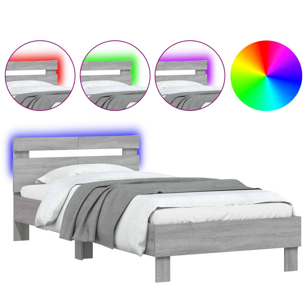 vidaXL Πλαίσιο Κρεβατιού με Κεφαλάρι και LED Γκρι sonoma 100 x 200 εκ.