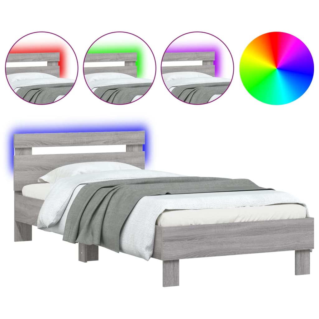 vidaXL Πλαίσιο Κρεβατιού με Κεφαλάρι και LED Γκρι sonoma 90 x 200 εκ.