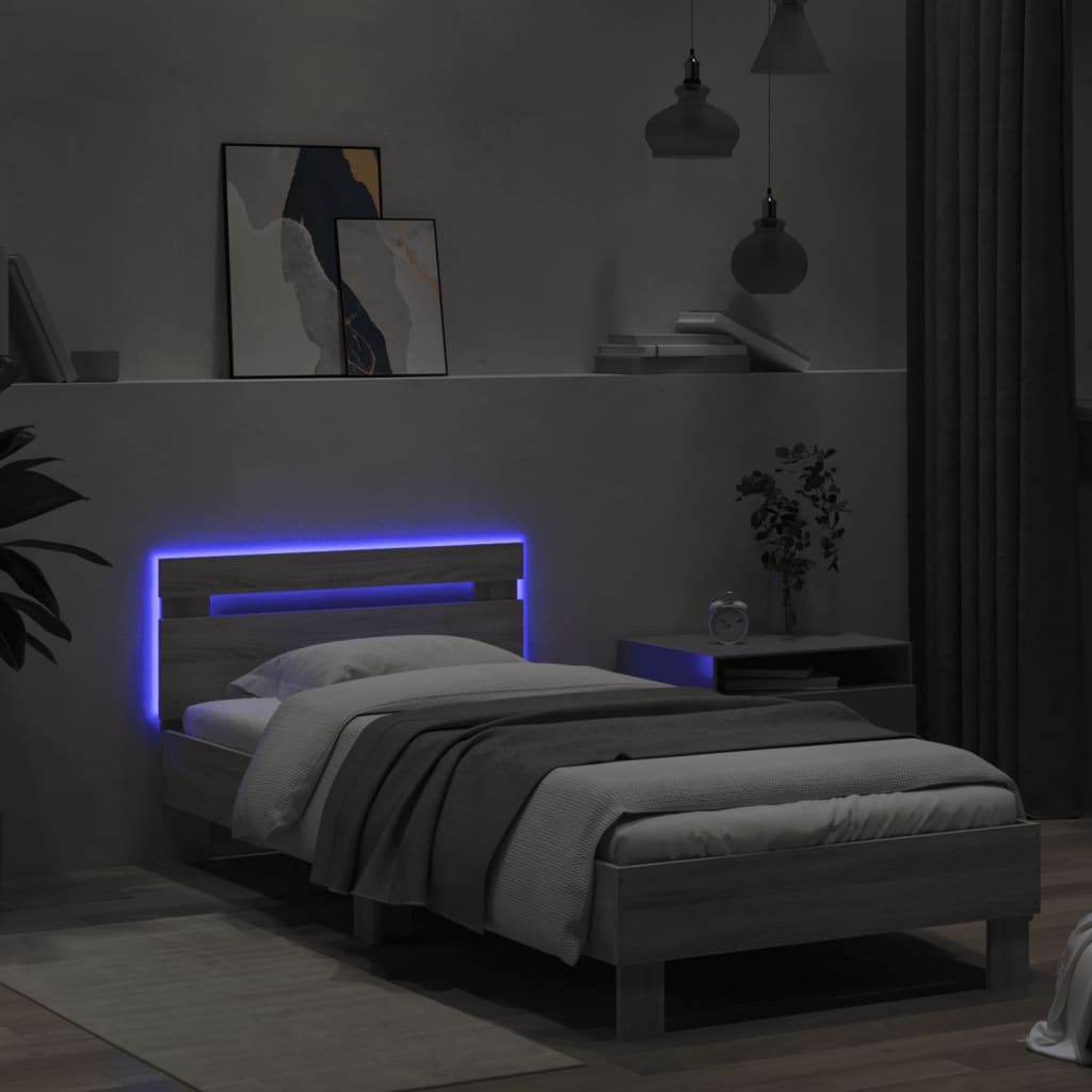 vidaXL Πλαίσιο Κρεβατιού με Κεφαλάρι και LED Γκρι sonoma 90 x 200 εκ.