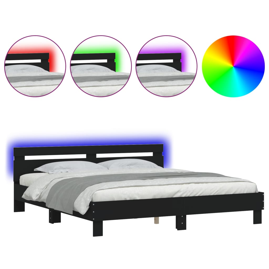 vidaXL Πλαίσιο Κρεβατιού με Κεφαλάρι/LED Μαύρο 200 x 200 εκ.