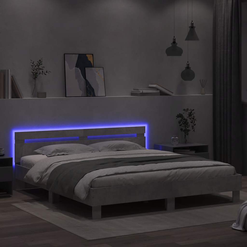 vidaXL Πλαίσιο Κρεβατιού με Κεφαλάρι/LED Γκρι σκυροδέματος 200x200εκ.