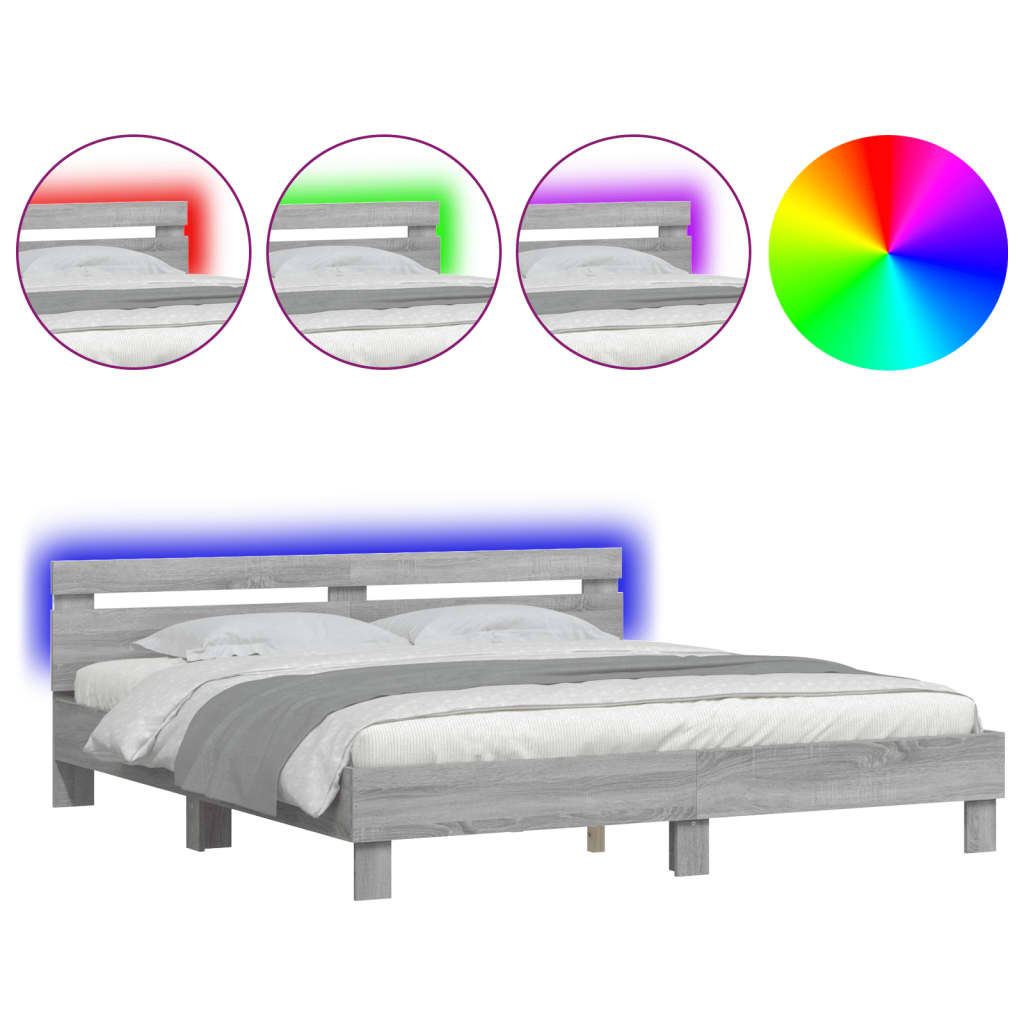vidaXL Πλαίσιο Κρεβατιού με Κεφαλάρι/LED Γκρι Sonoma 160x200 εκ.