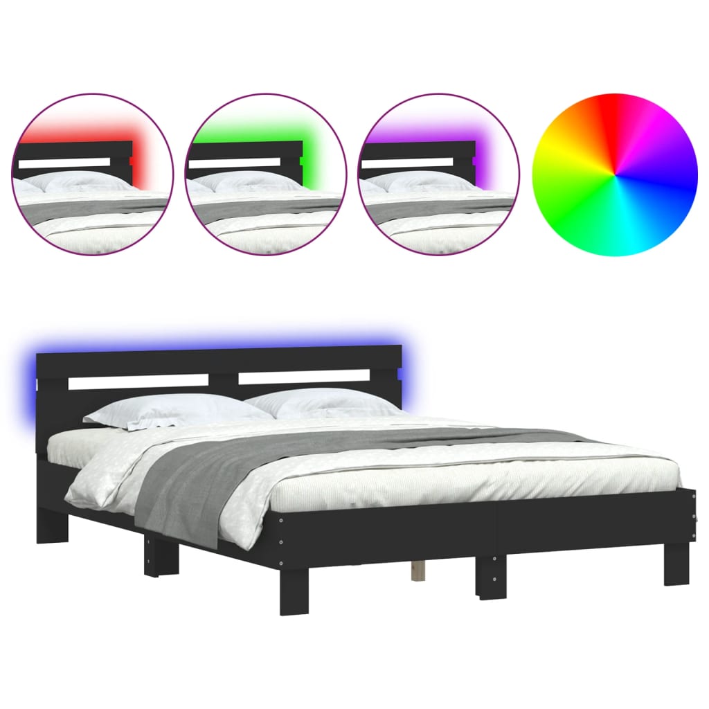 vidaXL Πλαίσιο Κρεβατιού με Κεφαλάρι/LED Μαύρο 140 x 200 εκ.