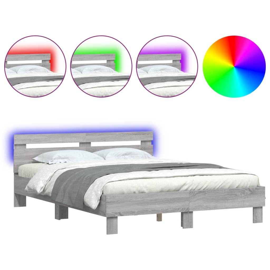 vidaXL Πλαίσιο Κρεβατιού με Κεφαλάρι/LED Γκρι Sonoma 140x200 εκ.