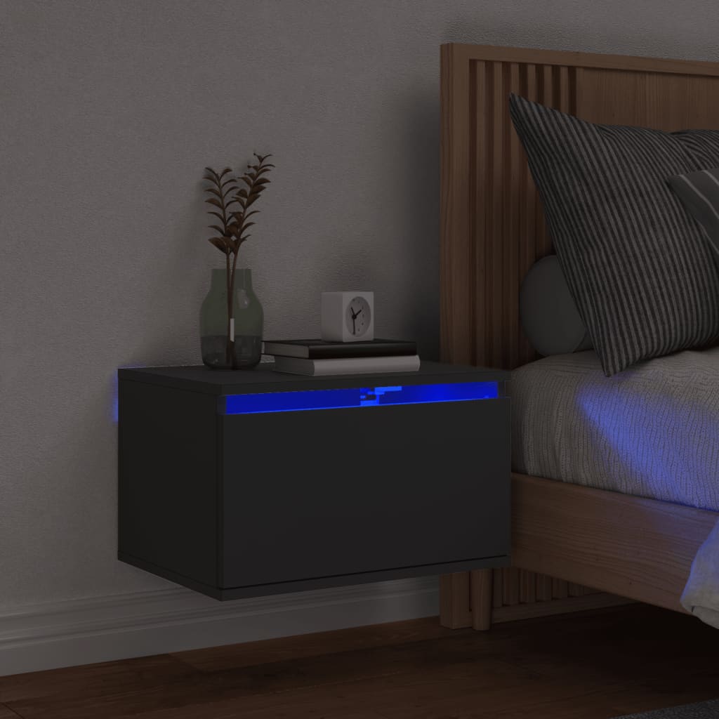 vidaXL Κομοδίνο Επιτοίχιο με Φώτα LED Μαύρο
