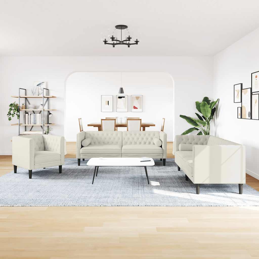 vidaXL Σετ Καναπέδων Chesterfield 3 Τεμαχίων με Βάσεις, Κρεμ Βελούδινο