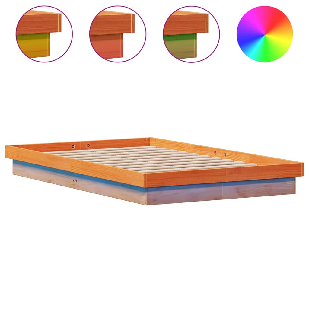 vidaXL Πλαίσιο Κρεβατιού Καφέ LED Κεριού 135x190 εκ. Μασίφ Ξύλο Πεύκου