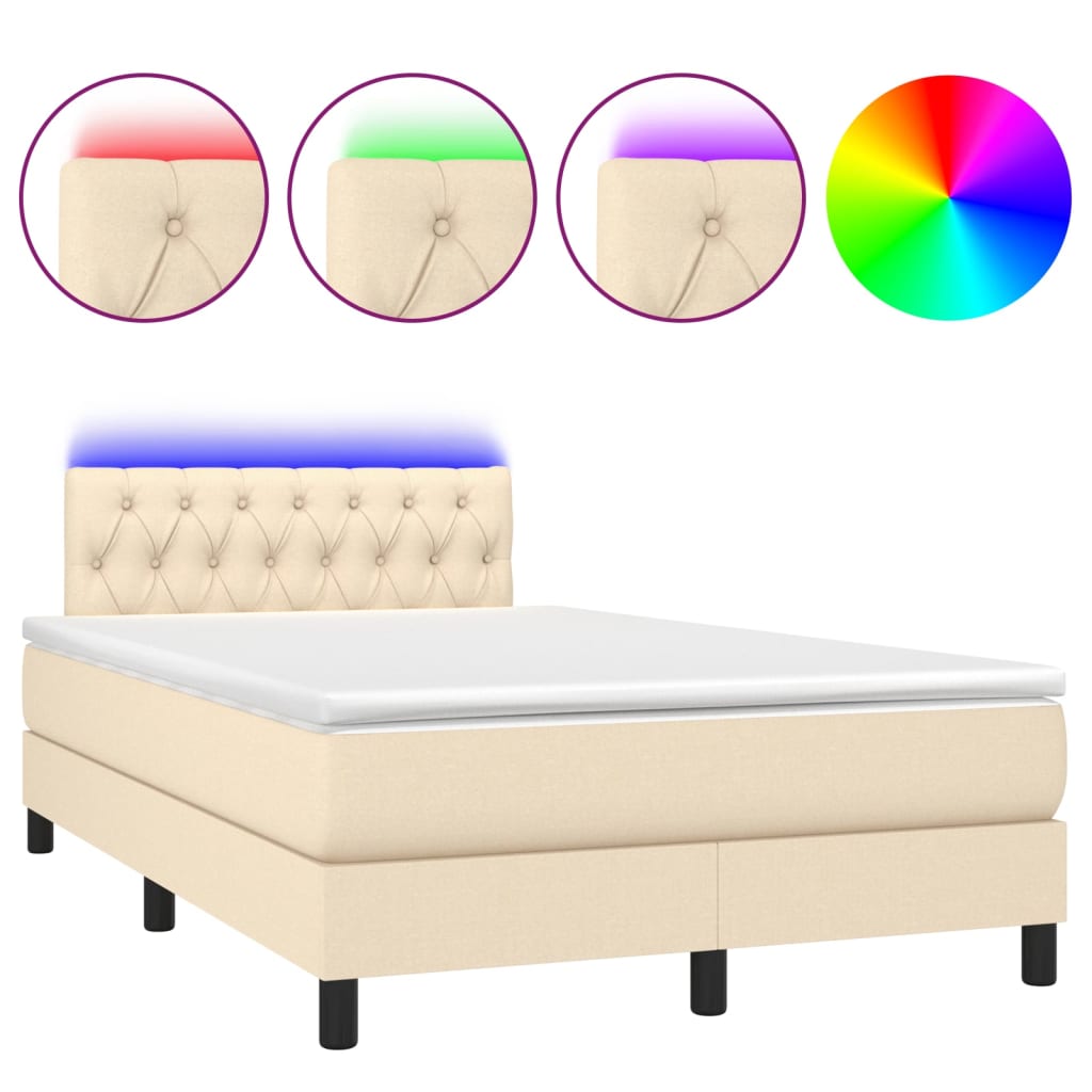 vidaXL Κρεβάτι Boxspring με Στρώμα & LED Κρεμ 120x190 εκ. Υφασμάτινο