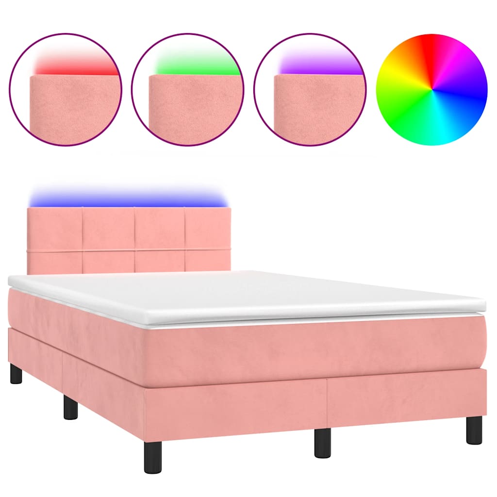 vidaXL Κρεβάτι Boxspring με Στρώμα & LED Ροζ 120x190 εκ. Βελούδινο