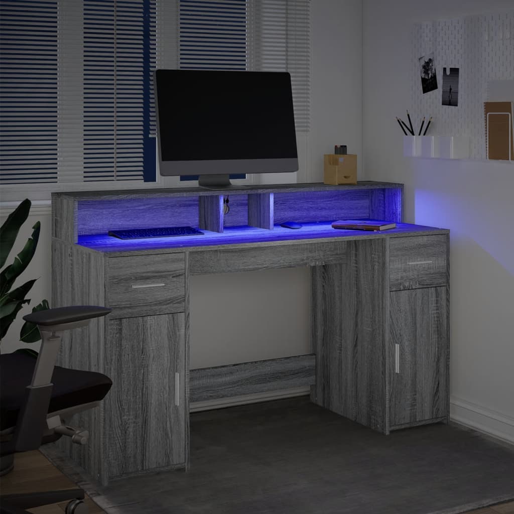 vidaXL Γραφείο με LED Γκρι Sonoma 140x55x91 εκ. Επεξεργ. Ξύλο