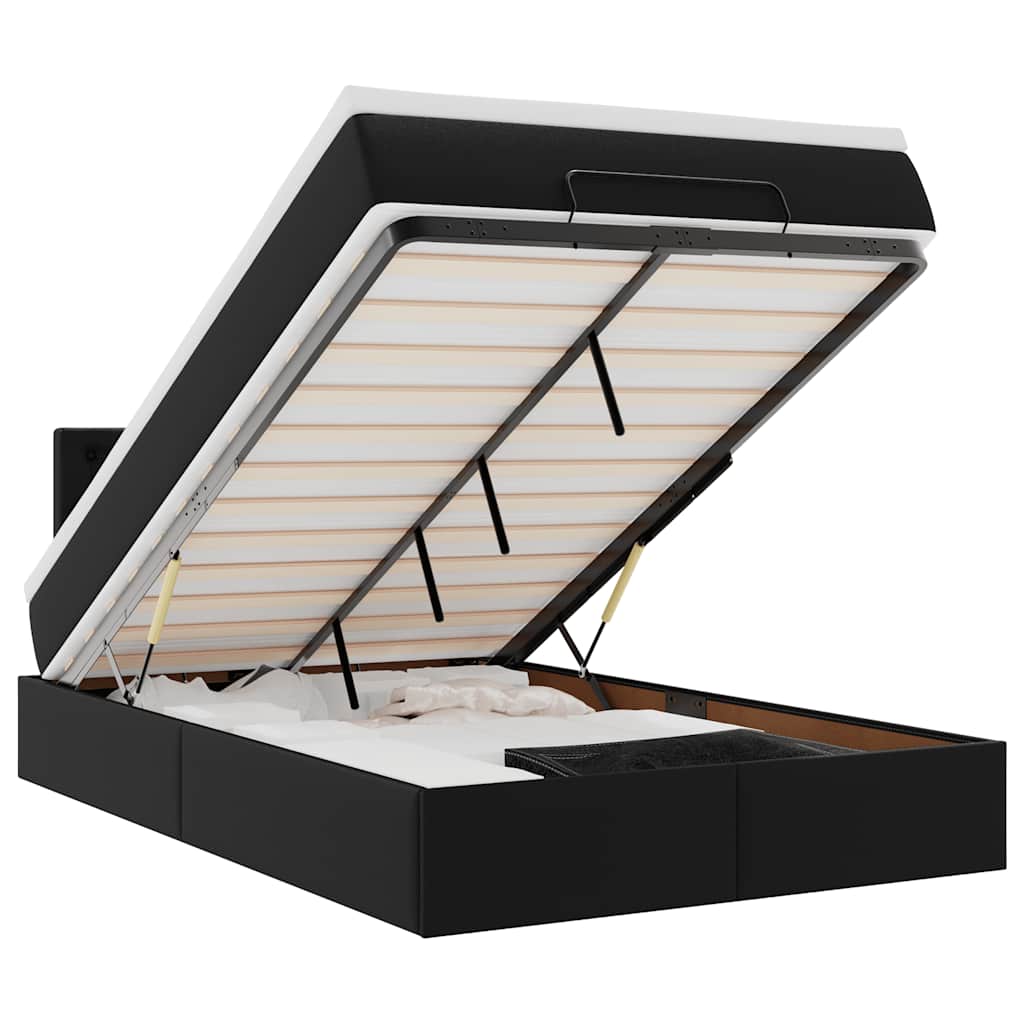 vidaXL Οθωμανικό κρεβάτι με στρώματα & LEDs Μαύρο Faux Leather