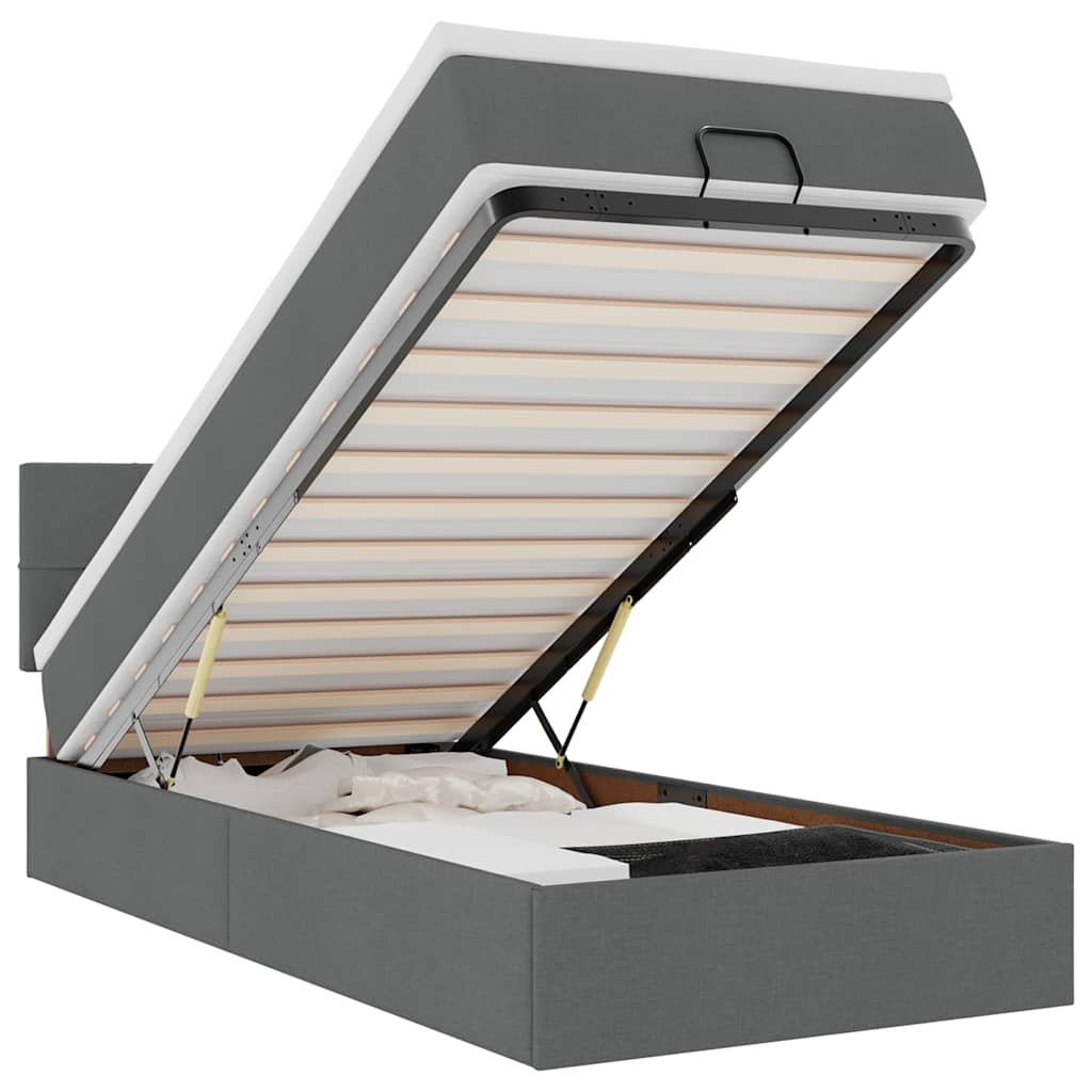 vidaXL Οθωμανικό κρεβάτι με στρώμα & LEDs Σκούρο γκρι 90x200 cm Ύφασμα