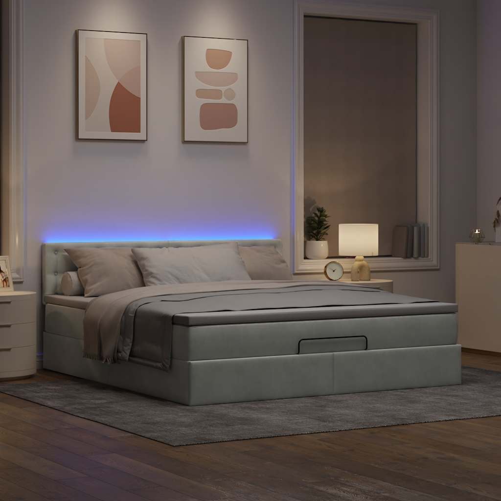 vidaXL Οθωμανικό κρεβάτι με στρώμα & LEDs Ανοιχτό γκρι Βελούδο