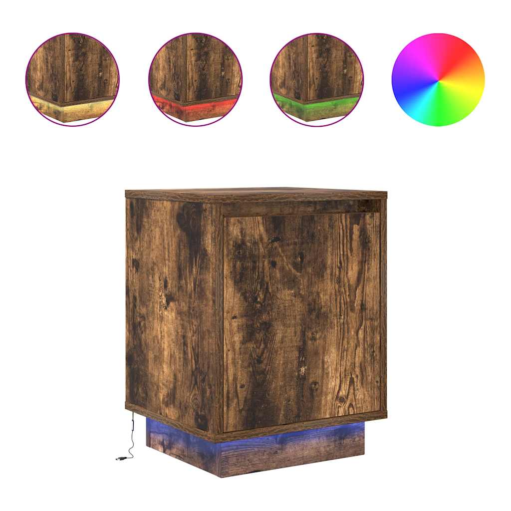 vidaXL Κομοδίνο με φώτα LED Καπνιστή βελανιδιά 38x34x50 cm