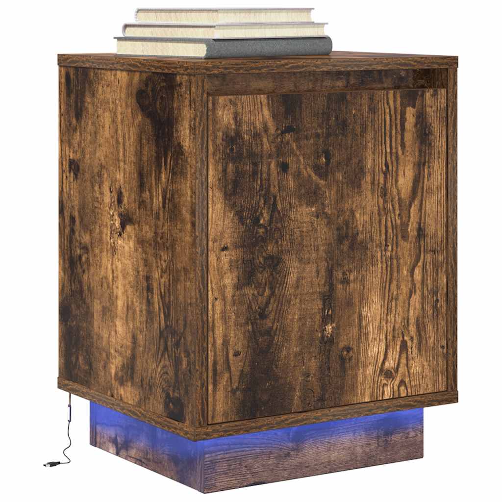 vidaXL Κομοδίνο με φώτα LED Καπνιστή βελανιδιά 38x34x50 cm