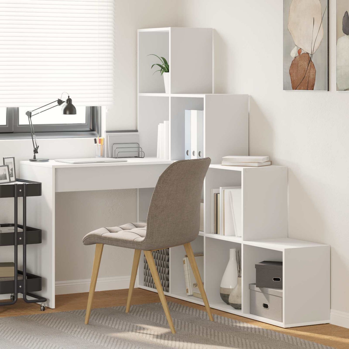 vidaXL Γωνιακό γραφείο με ράφι Λευκό 101.5 x 149.5 x 149.5 εκ.