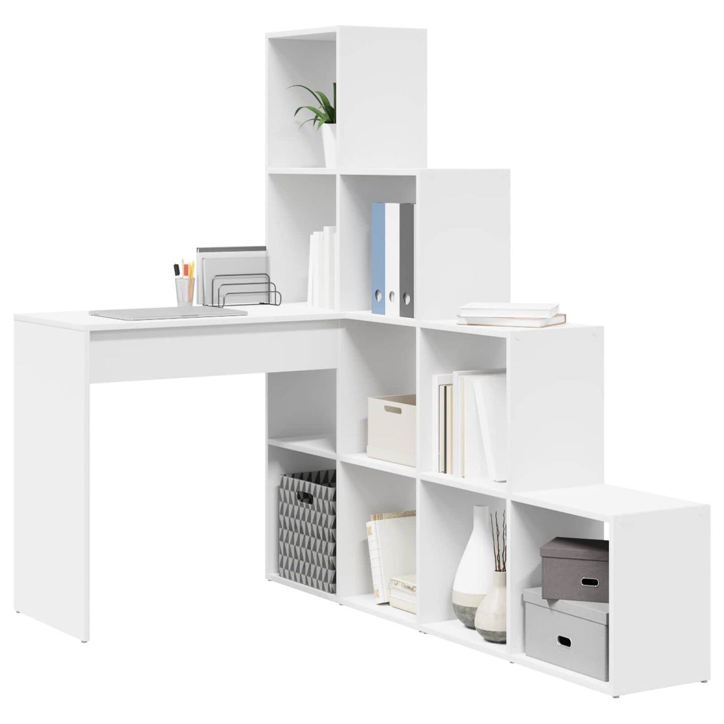 vidaXL Γωνιακό γραφείο με ράφι Λευκό 101.5 x 149.5 x 149.5 εκ.