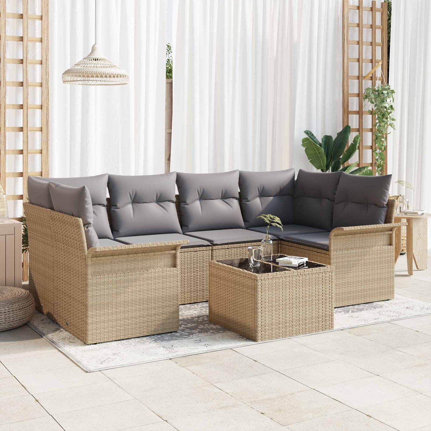 vidaXL Σετ Καναπέ Κήπου 7 pcs 6-Seater Μπεζ και Γκρι συνθετικό ρατάν