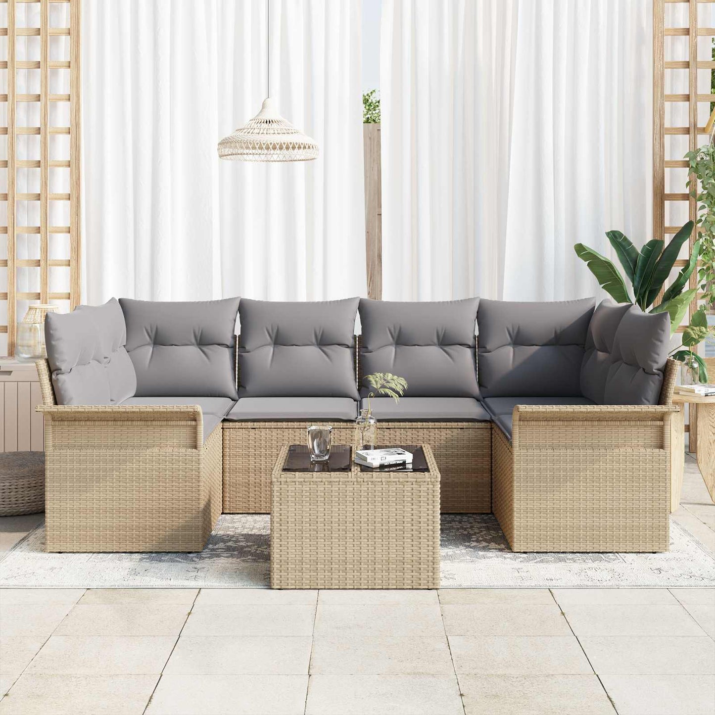 vidaXL Σετ Καναπέ Κήπου 7 pcs 6-Seater Μπεζ και Γκρι συνθετικό ρατάν