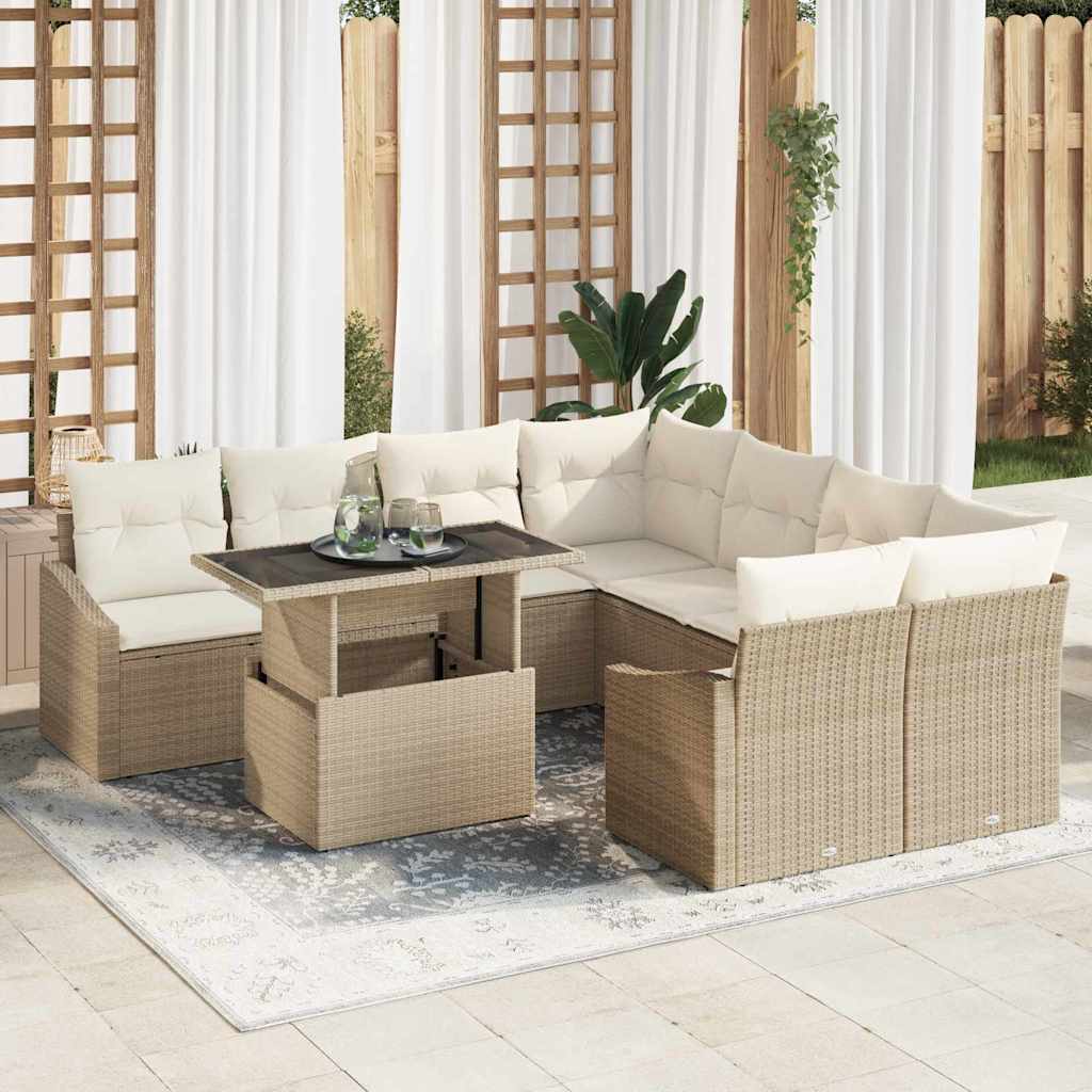 vidaXL Σετ Καναπέ Κήπου με αποθήκευση 9 pcs Μπεζ Πολυ ράταν