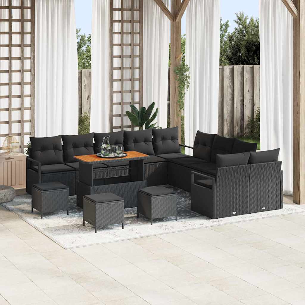 vidaXL 14 Piece Garden Sofa Set with Cushions Black Poly Rattan Acacia