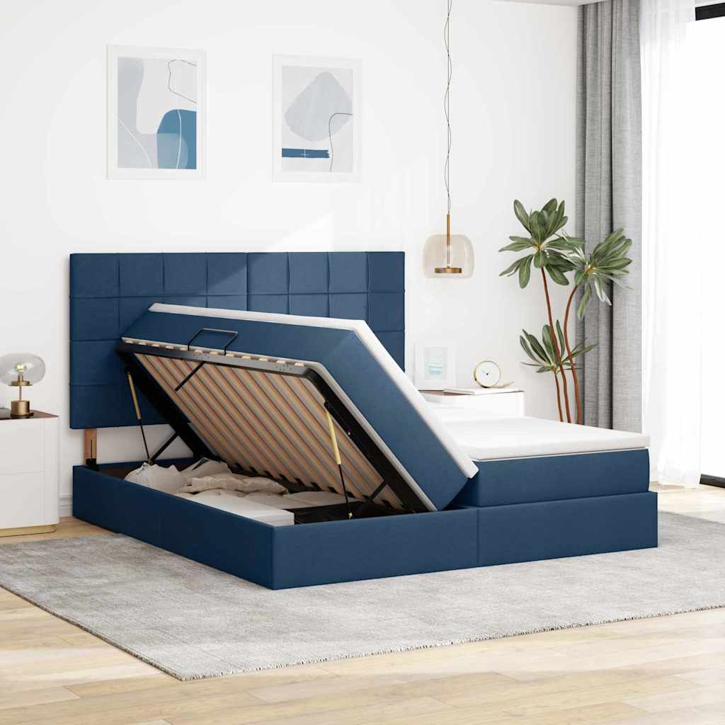 vidaXL Κρεβάτι Αποθήκης με κεφαλάρι Μπλε 200 x 200 cm Ύφασμα