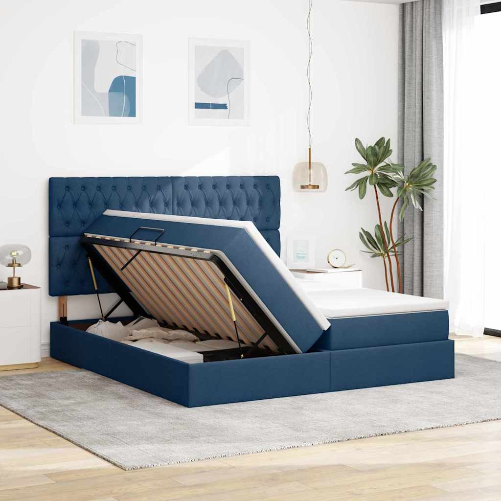 vidaXL Κρεβάτι Αποθήκης με κεφαλάρι Μπλε 200 x 200 cm Ύφασμα
