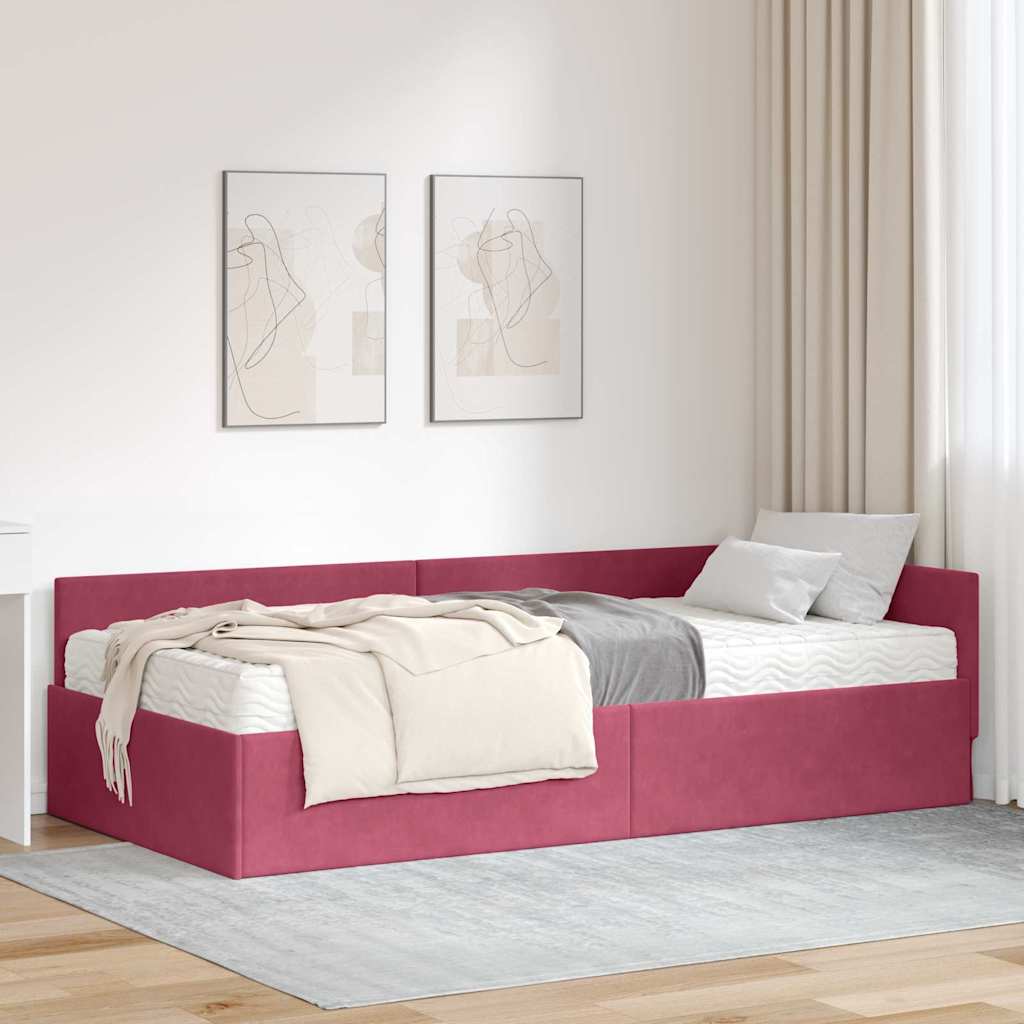 vidaXL Κρεβάτι γωνίας με στρώμα 2 τμχ. Κόκκινο 90 x 200 cm Βελούδο