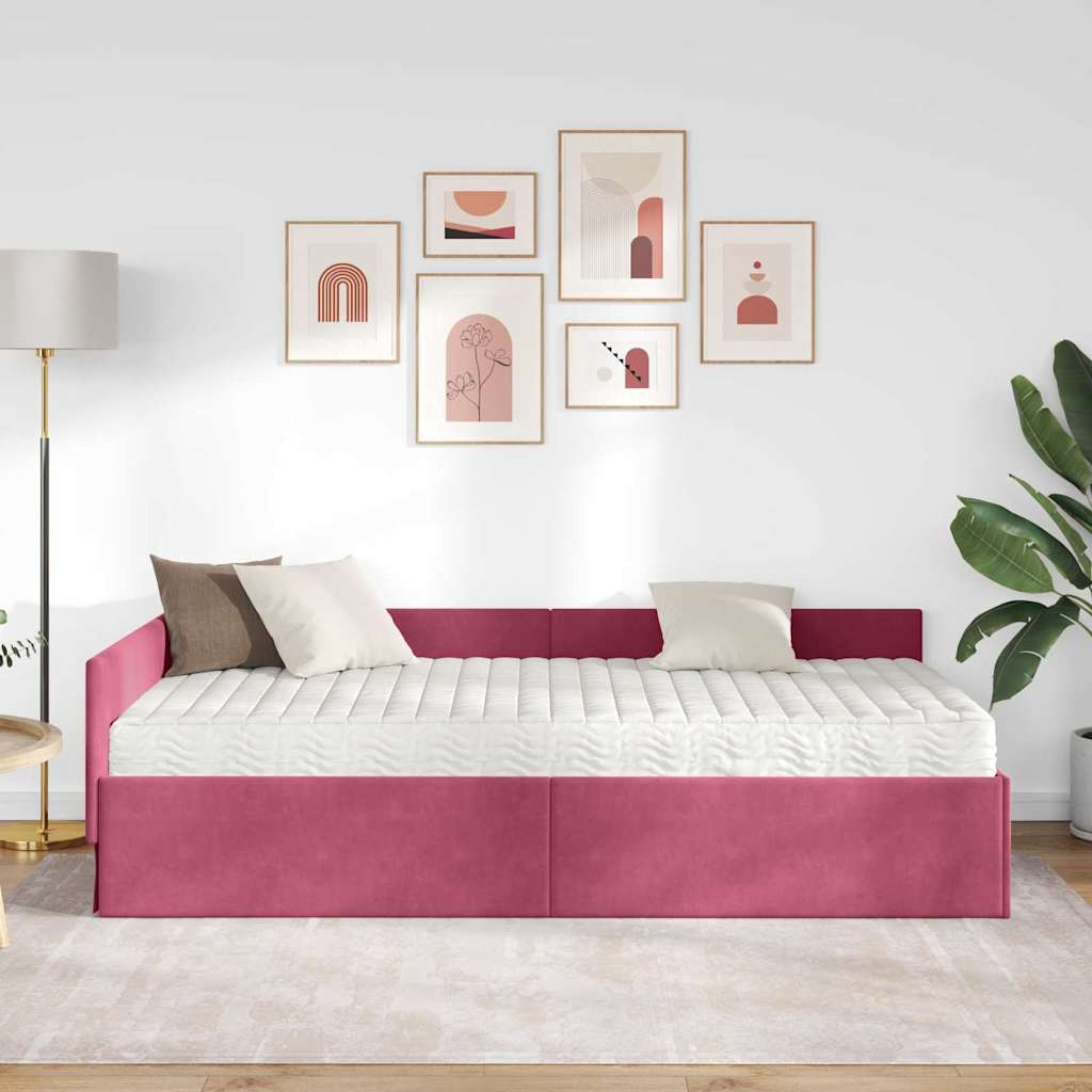 vidaXL Κρεβάτι γωνίας με στρώμα 2 τμχ. Κόκκινο 90 x 200 cm Βελούδο