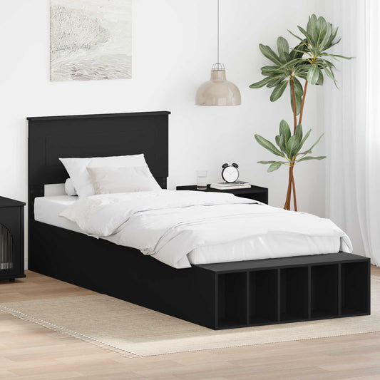 vidaXL Σκελετός Κρεβατιού με ράφι Μαύρο 90 x 190 cm Επεξεργασμένο Ξύλο