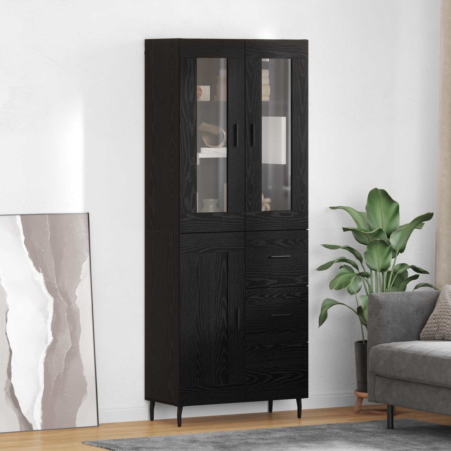 vidaXL Highboard με συρτάρι 2 pcs Μαύρη Οξυά Σύνθετο Ξύλο και Γυαλί