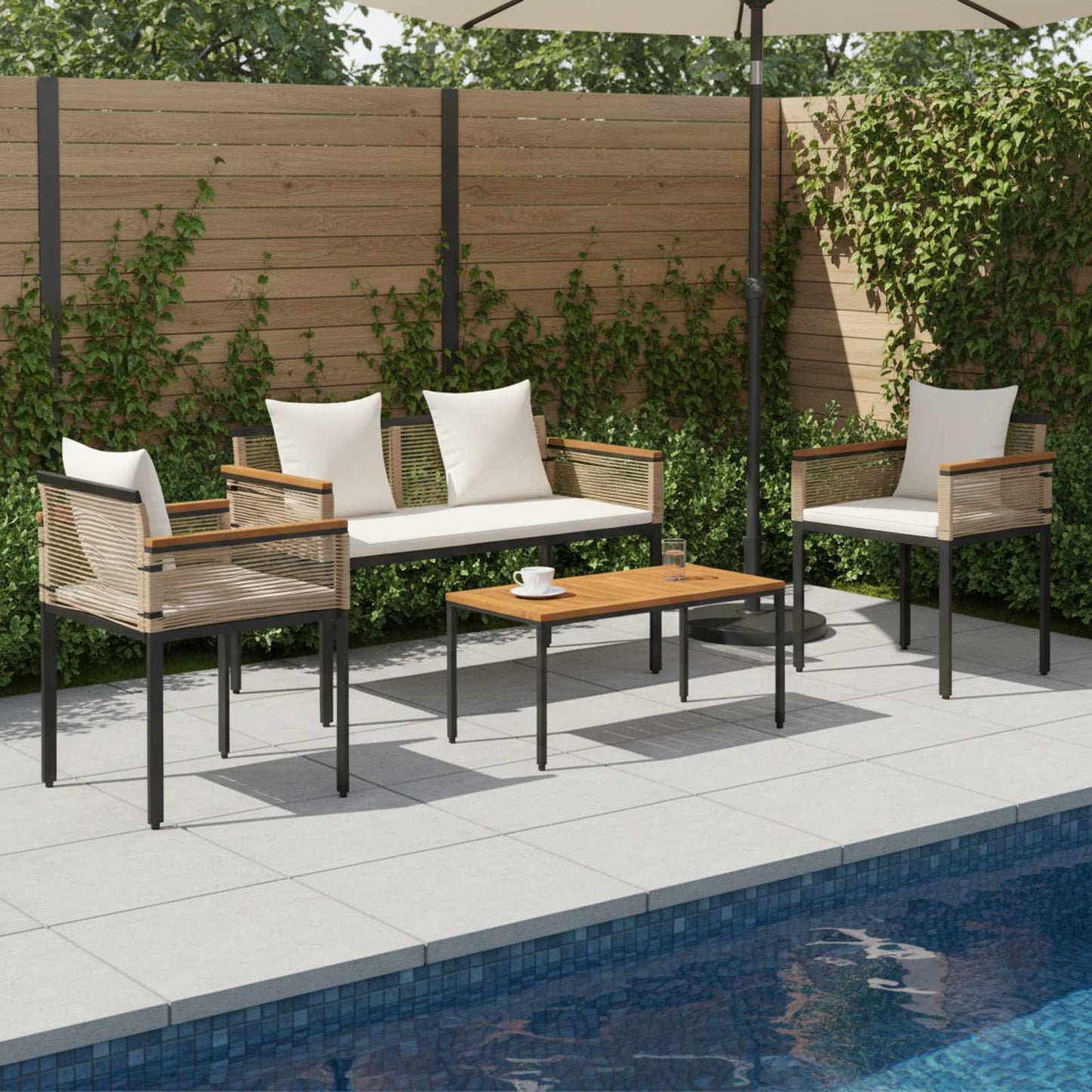 vidaXL Σετ Εξωτερικών Επίπλων με μαξιλάρι 4 pcs Μπεζ και Κρέμ Ράτα PE