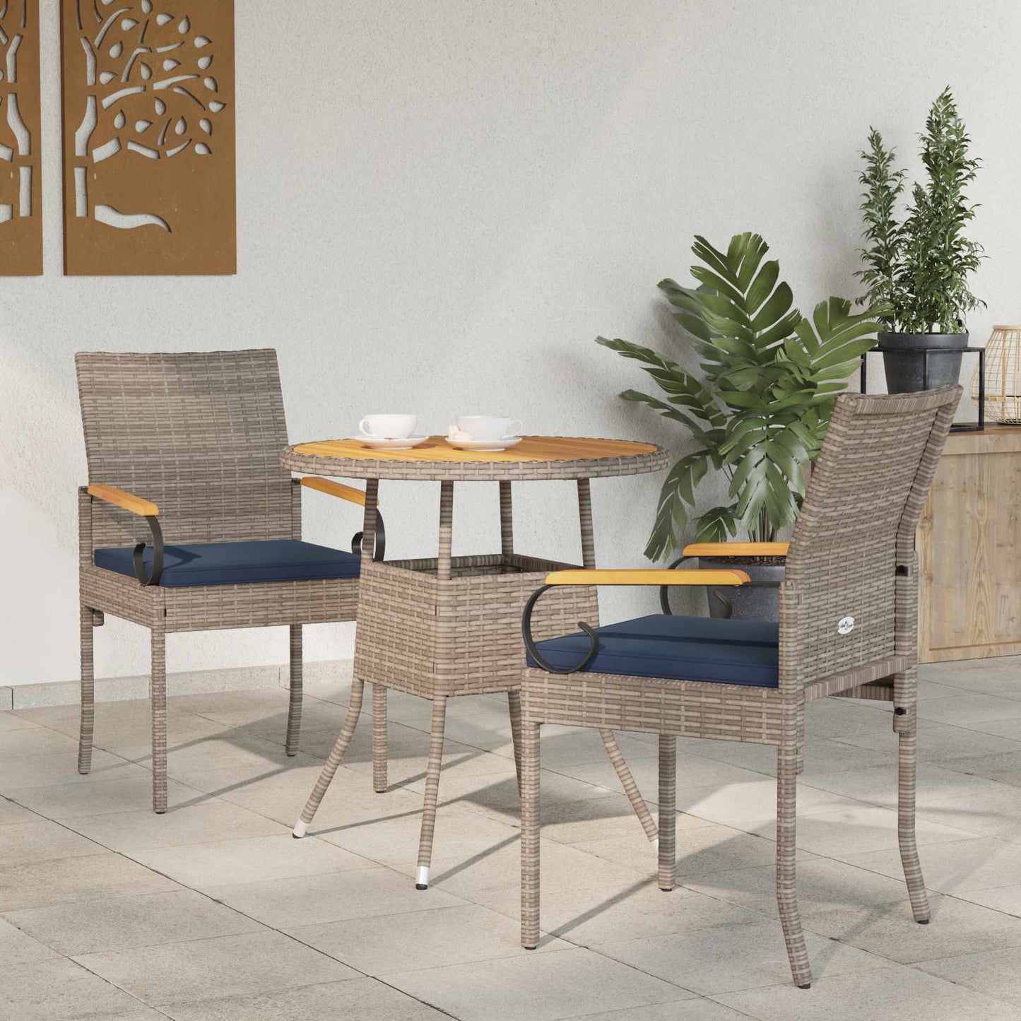 vidaXL Καρέκλες Κήπου 2 τμχ. Γκρι και Navy Blue Πολυ Ράτταν και Ακακία