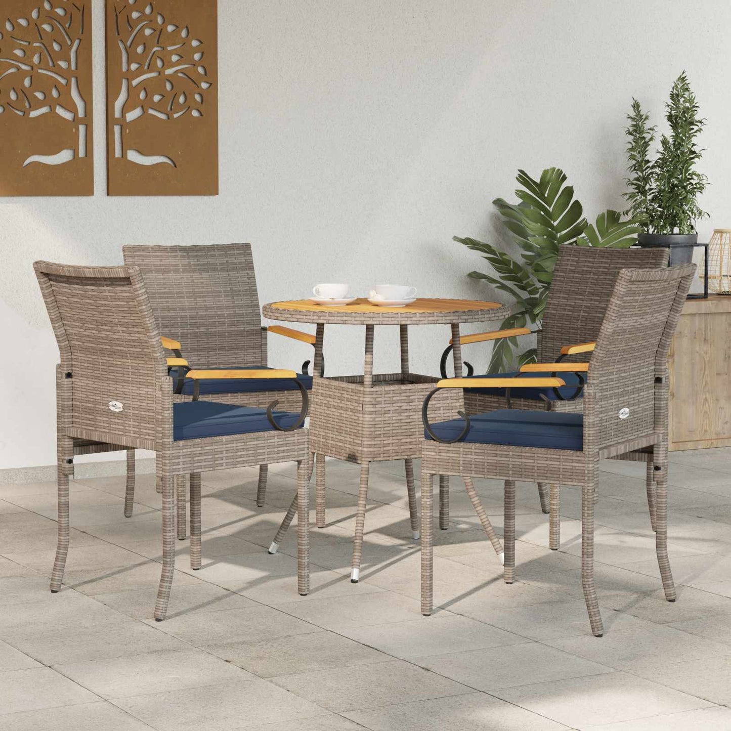 vidaXL Καρέκλες Κήπου 4 τμχ. Γκρι και Navy Blue Πολυ Ράτταν και Ακακία