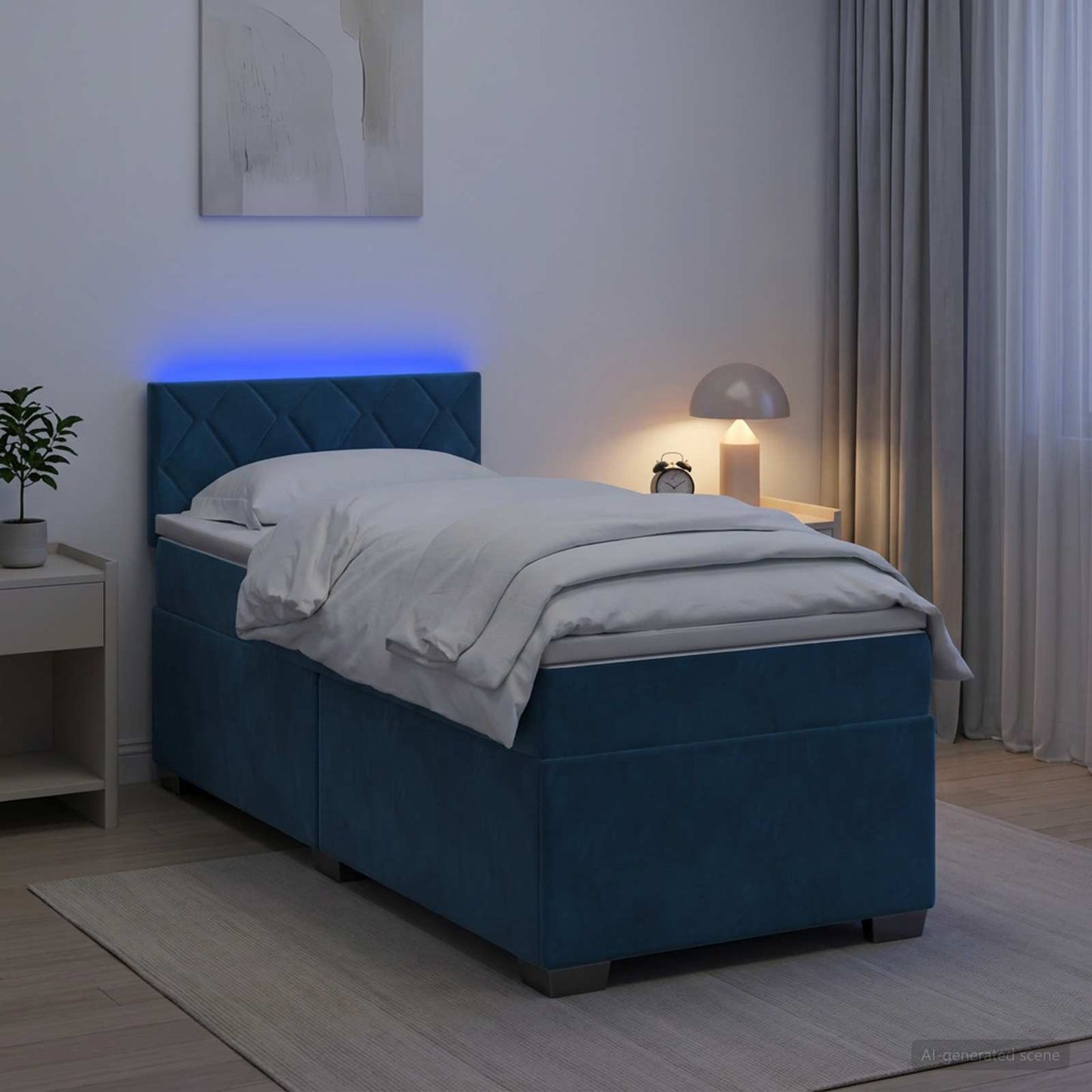 vidaXL Κρεβάτι Box Spring με Στρώμα και LED Μπλε 90 x 190 cm Βελούδο