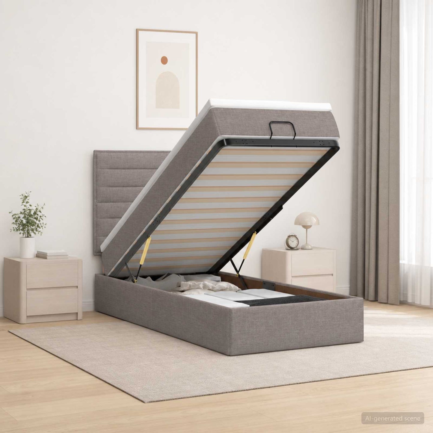 vidaXL Κρεβάτι Ottoman με Στρώμα και LED Taupe 90 x 200 cm Ύφασμα
