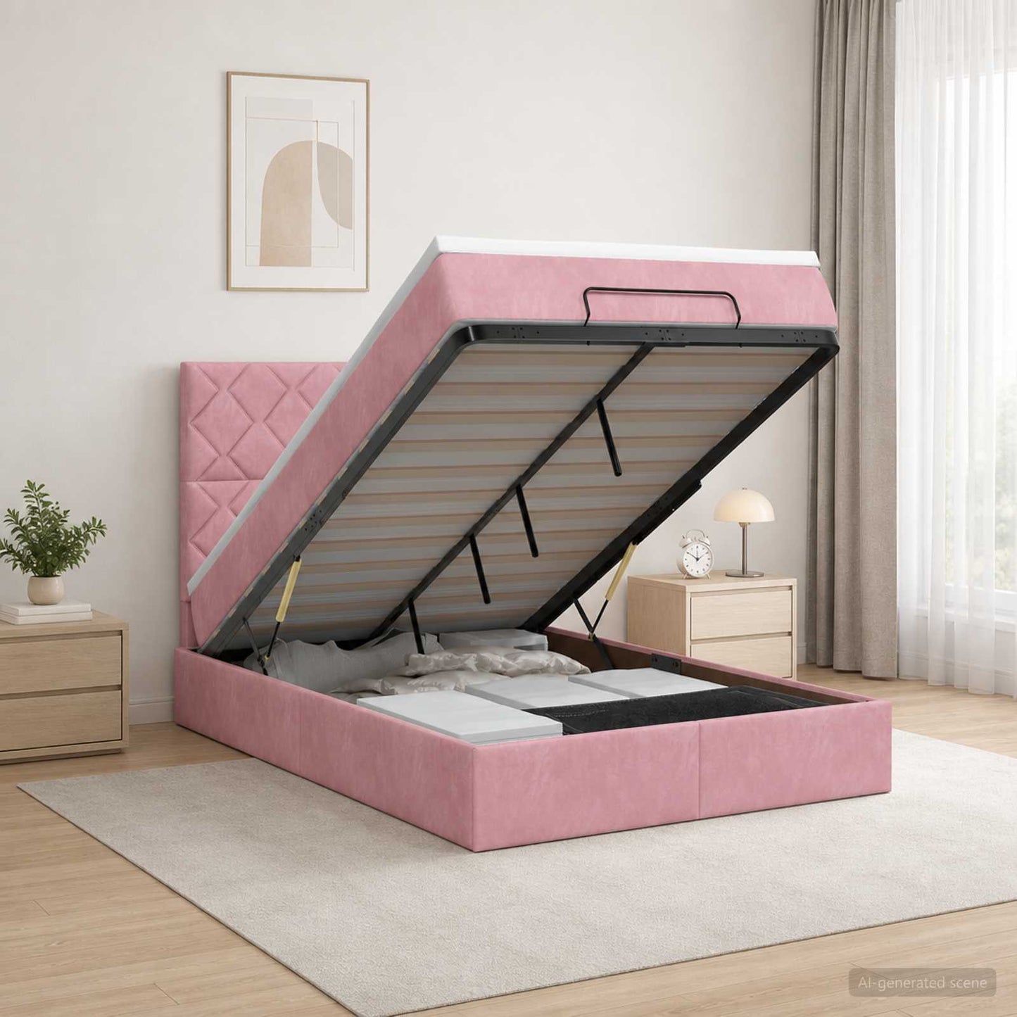 vidaXL Κρεβάτι Ottoman με Στρώμα και LED Ροζ 120 x 190 cm Βελούδο