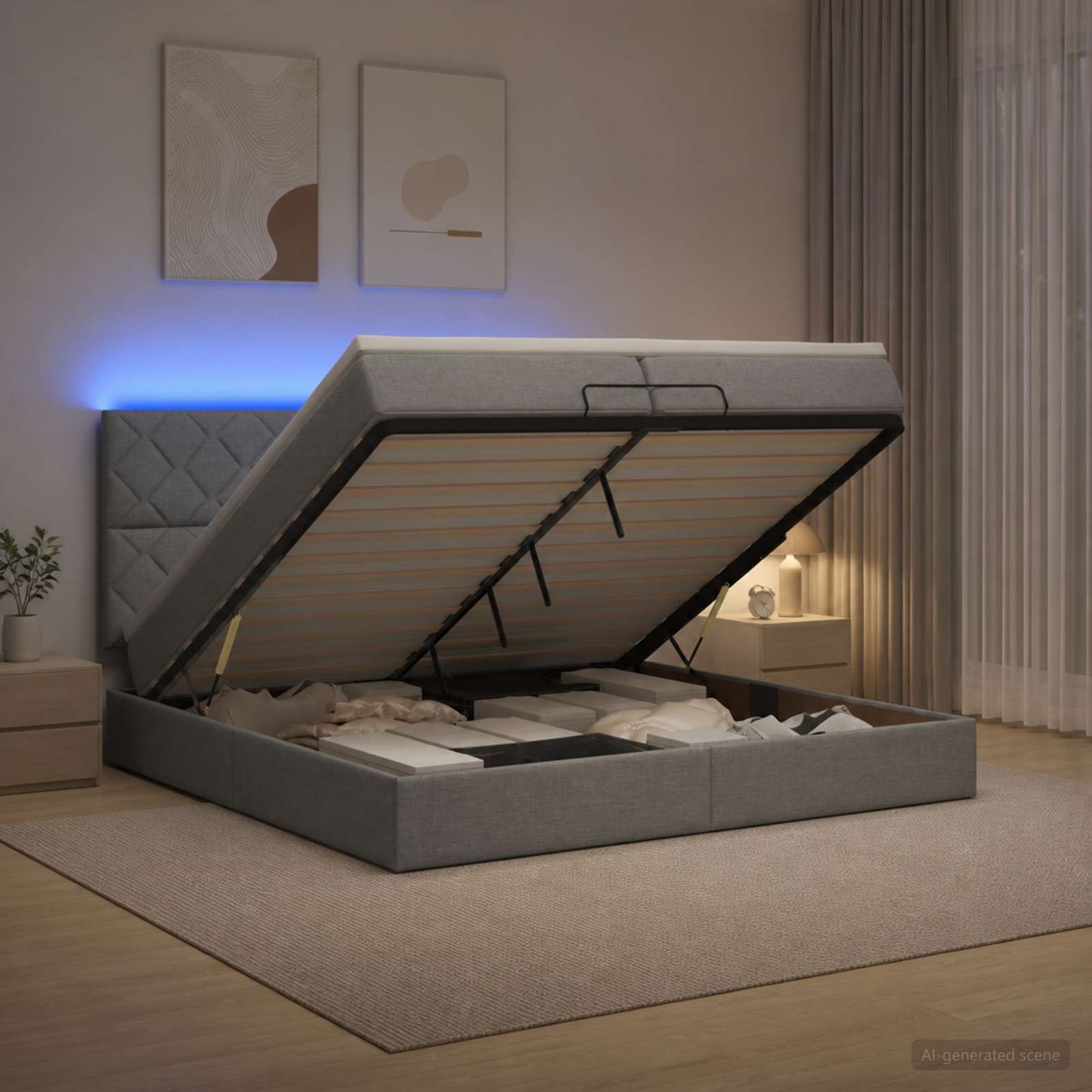 vidaXL Κρεβάτι Ottoman με Στρώμα και LED Ανοιχτό γκρι 200 x 200 cm