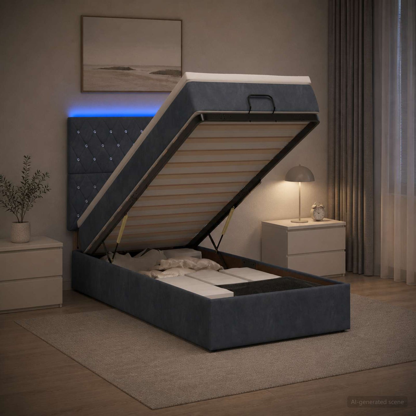 vidaXL Κρεβάτι Ottoman με Στρώμα και LED Σκούρο Γκρι 90 x 200 cm