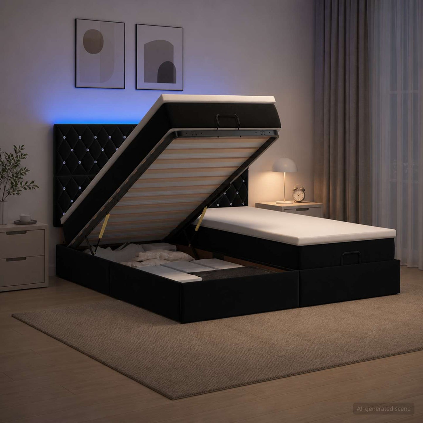 vidaXL Κρεβάτι Ottoman με Στρώμα και LED Μαύρο 200 x 200 cm Βελούδο