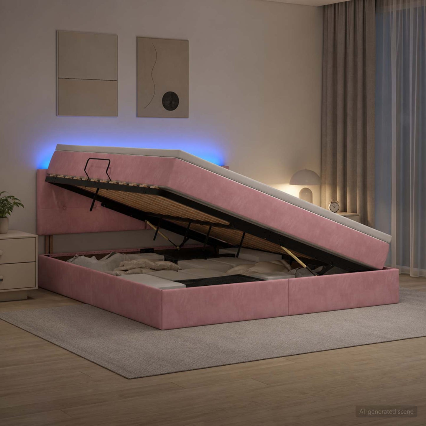 vidaXL LED Κρεβάτι αποθήκευσης με στρώμα Ροζ 160 x 200 cm Βελούδο